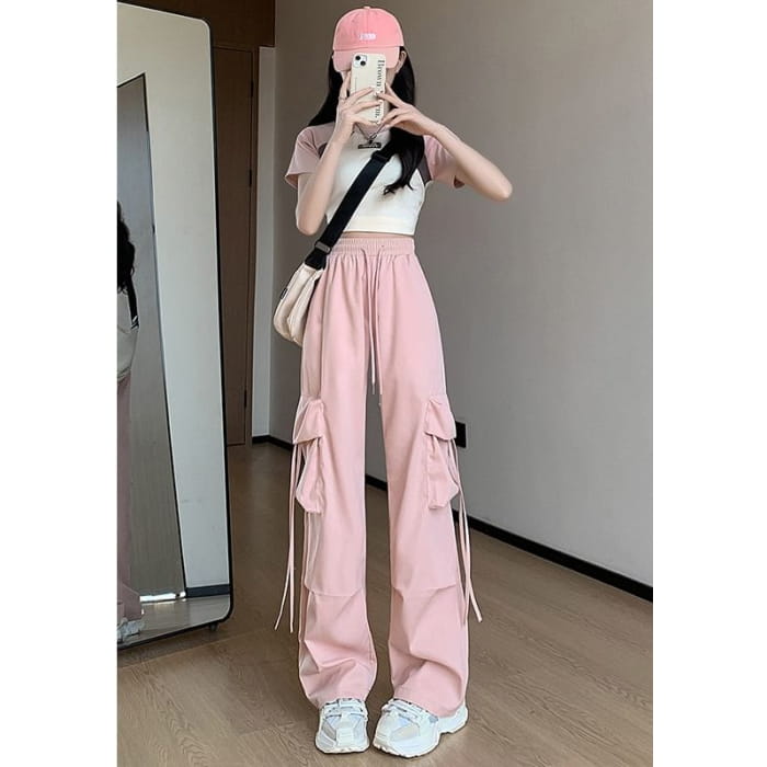 High Rise Drawstring Pocket Plain Wide Leg Cargo Sweatpants