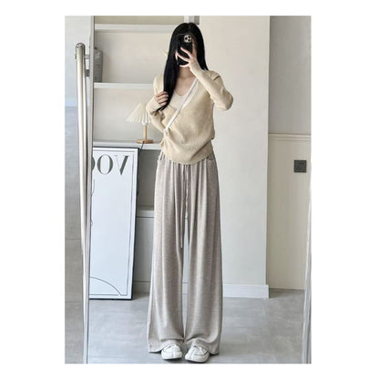 High Rise Drawstring Pocketed Drape Knit Wide Leg Plain