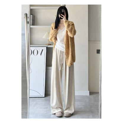 High Rise Drawstring Pocketed Drape Knit Wide Leg Plain