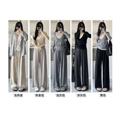 High Rise Drawstring Pocketed Drape Knit Wide Leg Plain