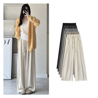 High Rise Drawstring Pocketed Drape Knit Wide Leg Plain