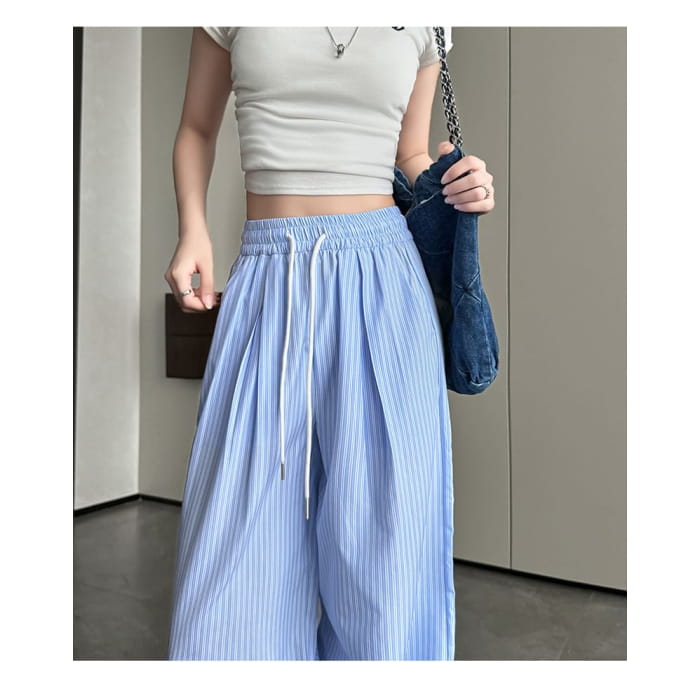 High Rise Drawstring Stripe Wide Leg Sweatpants