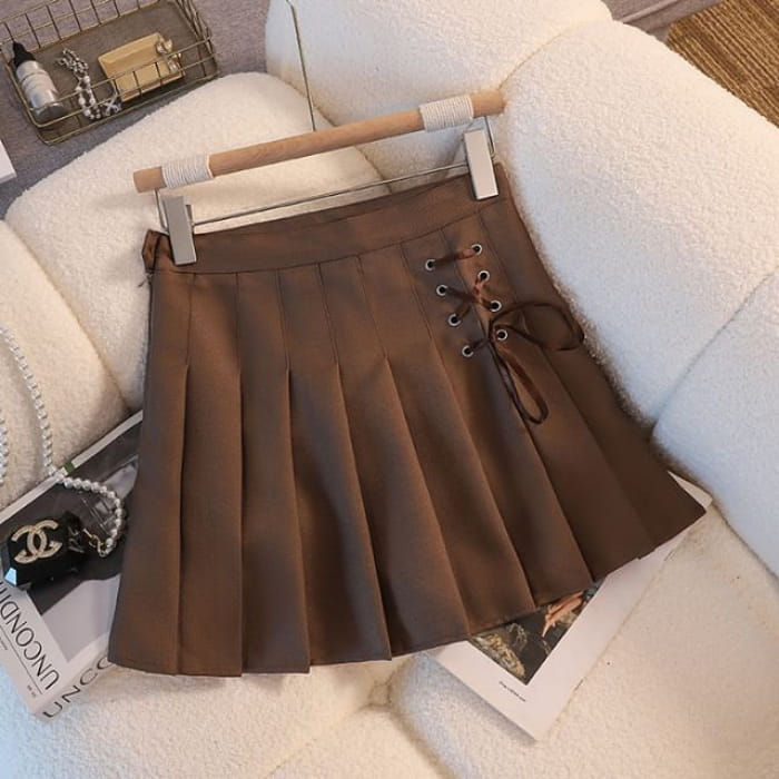 High Rise Lace-Up Plain Mini Pleated Skirt - 1812 - Coffee