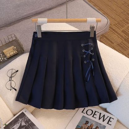 High Rise Lace-Up Plain Mini Pleated Skirt - 1812 - Navy