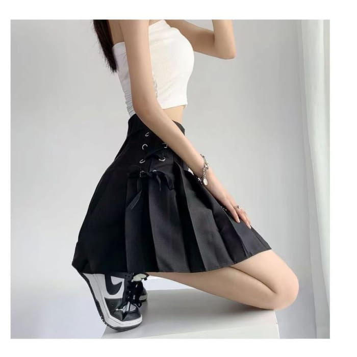 High Rise Lace-Up Plain Mini Pleated Skirt