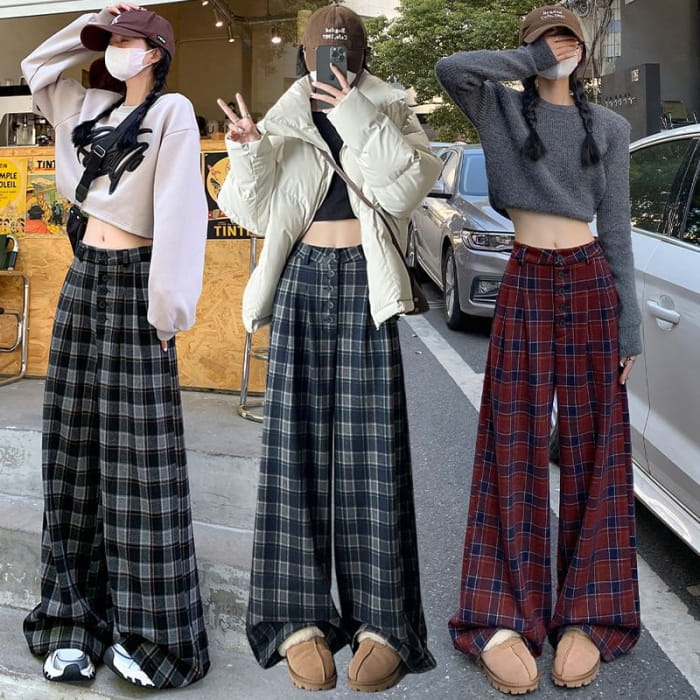 High Rise Plaid Wide Leg Dress Pants