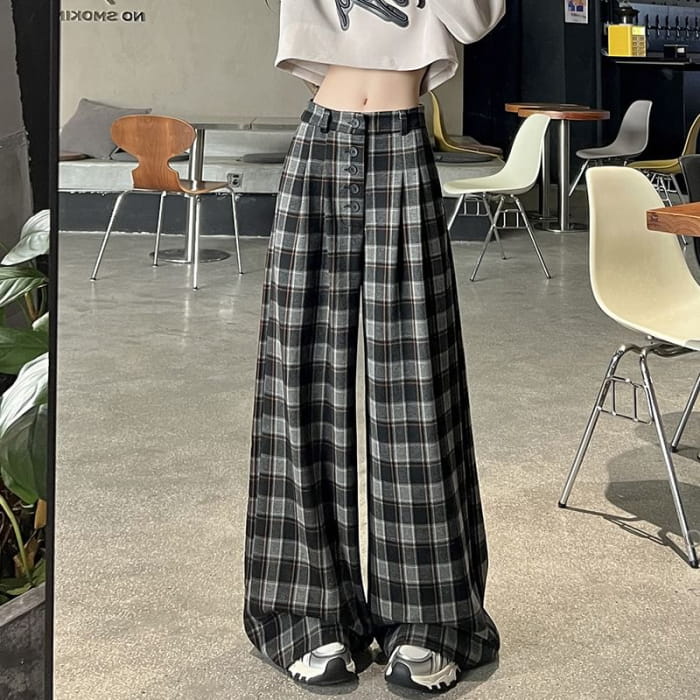 High Rise Plaid Wide Leg Dress Pants