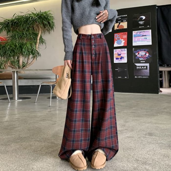 High Rise Plaid Wide Leg Dress Pants - Black / S