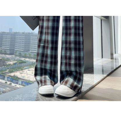 High Rise Plaid Wide Leg Pants (Various Designs)