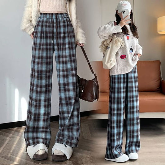 High Rise Plaid Wide Leg Pants (Various Designs)