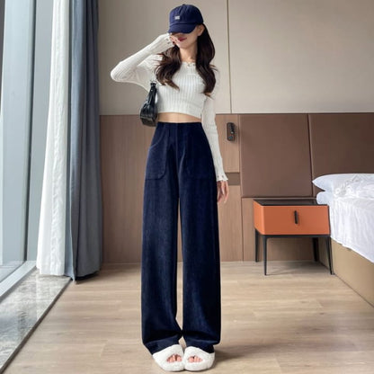 High Rise Plain Corduroy Wide Leg Pants