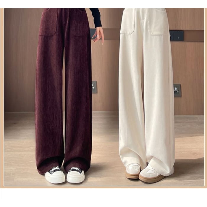 High Rise Plain Corduroy Wide Leg Pants