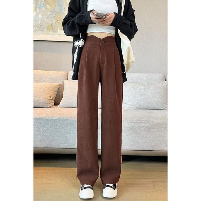 High Rise Plain Corduroy Wide Leg Slacks - Pants