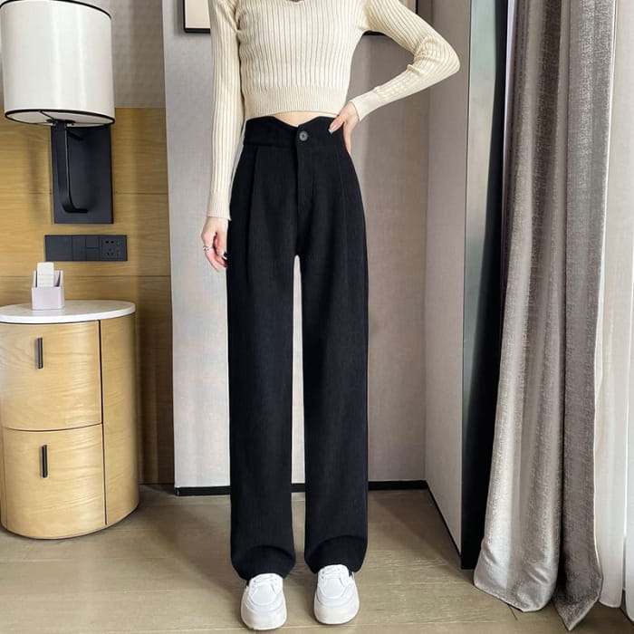 High Rise Plain Corduroy Wide Leg Slacks - Pants