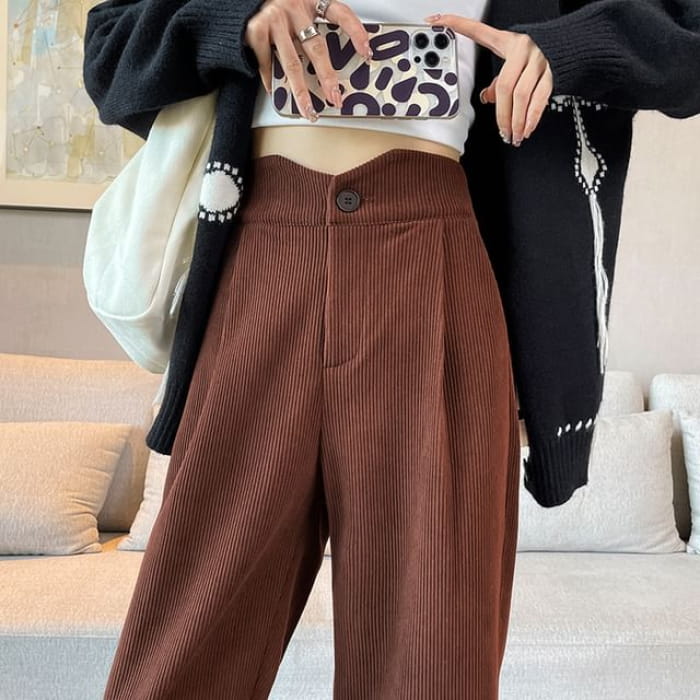 High Rise Plain Corduroy Wide Leg Slacks - Pants