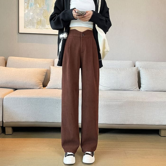 High Rise Plain Corduroy Wide Leg Slacks - Pants