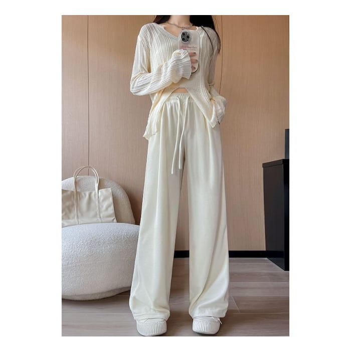 High Rise Plain Drawstring Drape Wide Leg Sweatpants