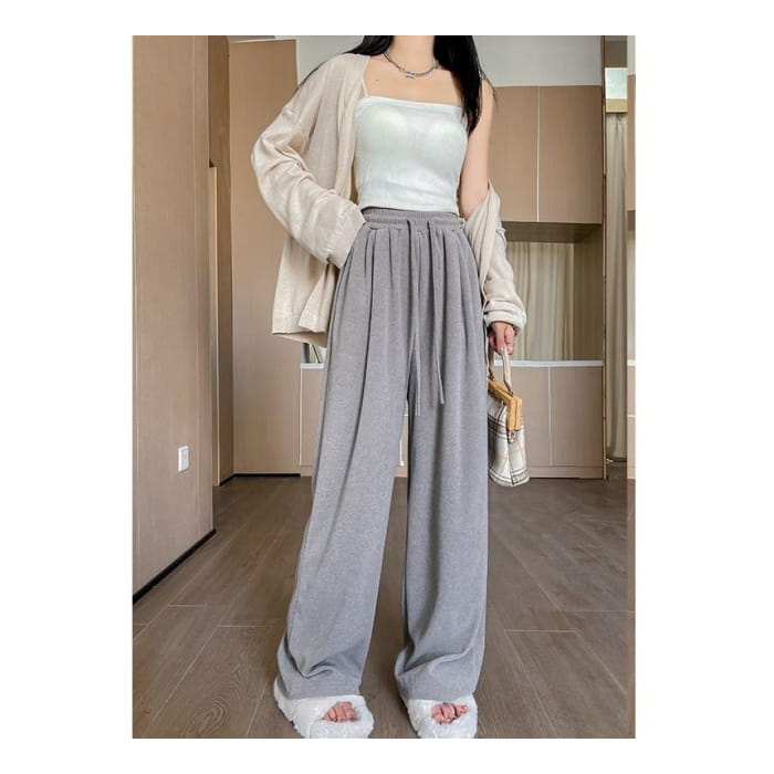 High Rise Plain Drawstring Drape Wide Leg Sweatpants