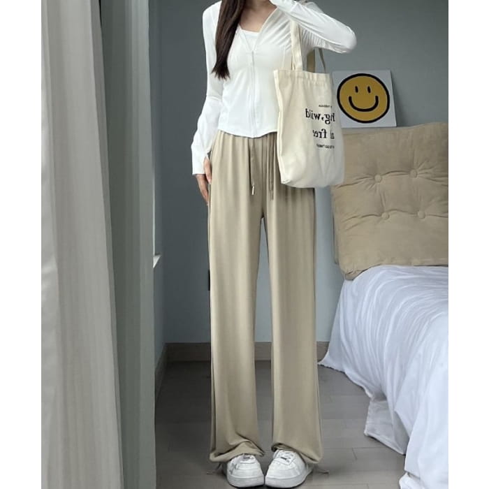 High Rise Plain Drawstring Gather Cuff Wide Leg Sweatpants