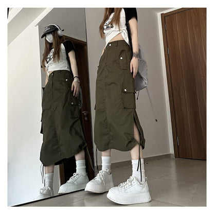 High Rise Plain Drawstring Midi