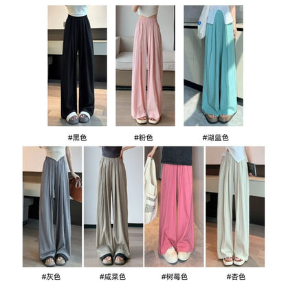 High Rise Plain Elastic Waist Wide Leg Pants