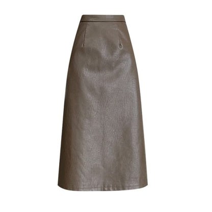 High Rise Plain Faux Leather Midi A-Line Skirt