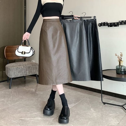 High Rise Plain Faux Leather Midi A-Line Skirt