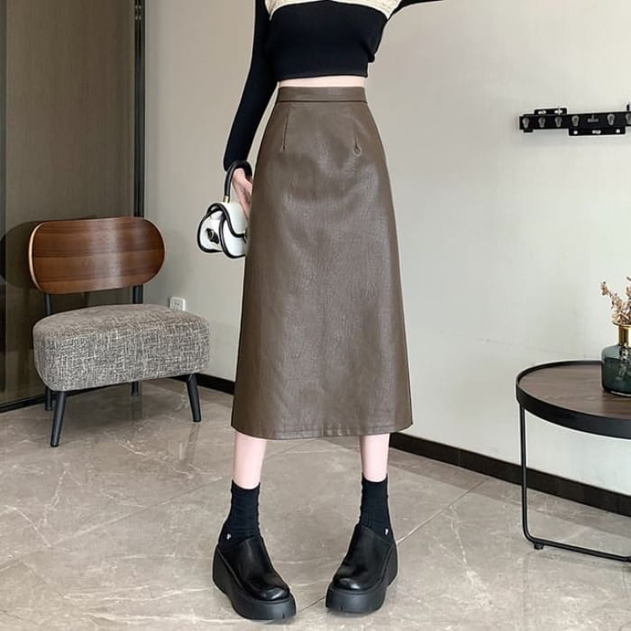 High Rise Plain Faux Leather Midi A-Line Skirt - Coffee / S