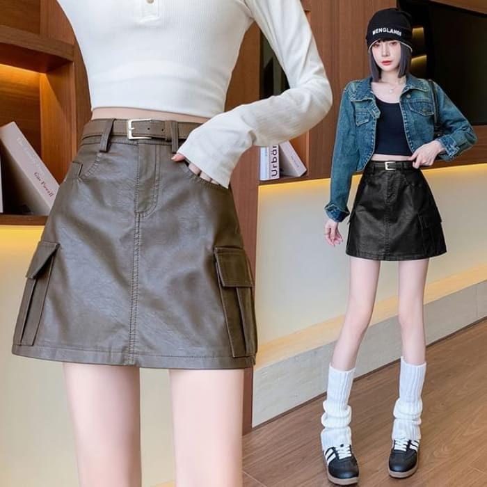 High Rise Plain Faux Leather Mini A-Line Skirt - Pants