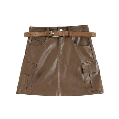 High Rise Plain Faux Leather Mini A-Line Skirt - Pants