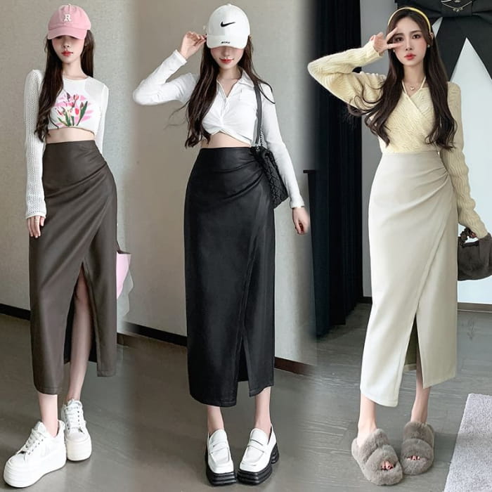 High Rise Plain Faux Leather Slit Midi Pencil Skirt - Pants