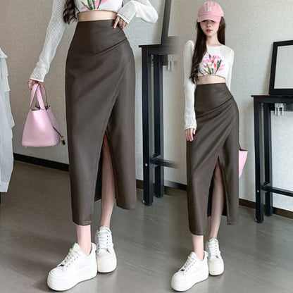 High Rise Plain Faux Leather Slit Midi Pencil Skirt - Pants