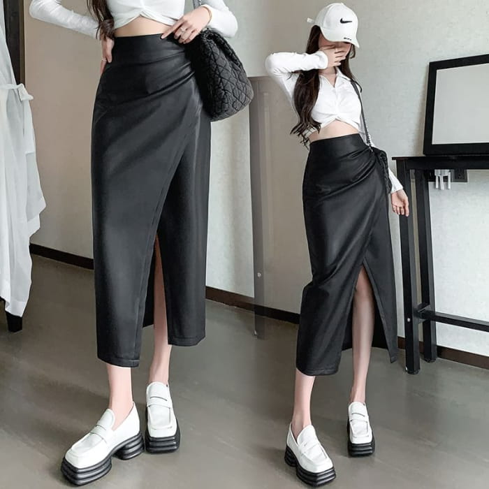 High Rise Plain Faux Leather Slit Midi Pencil Skirt - Pants