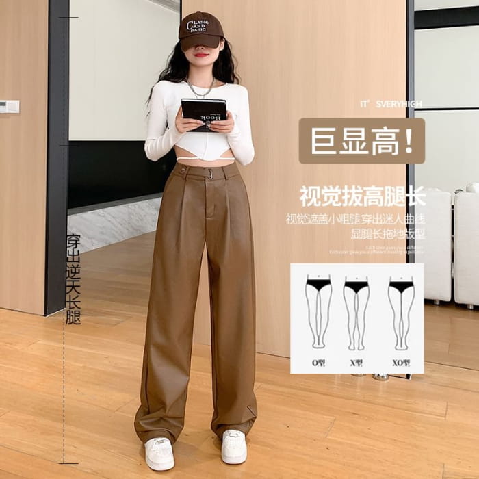 High Rise Plain Faux Leather Wide Leg Suit Pants