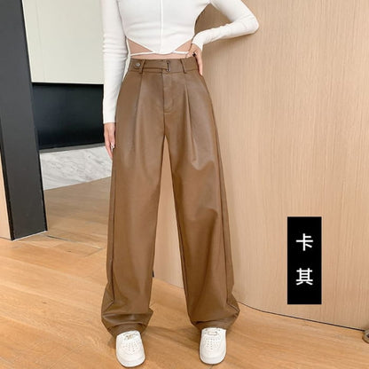 High Rise Plain Faux Leather Wide Leg Suit Pants