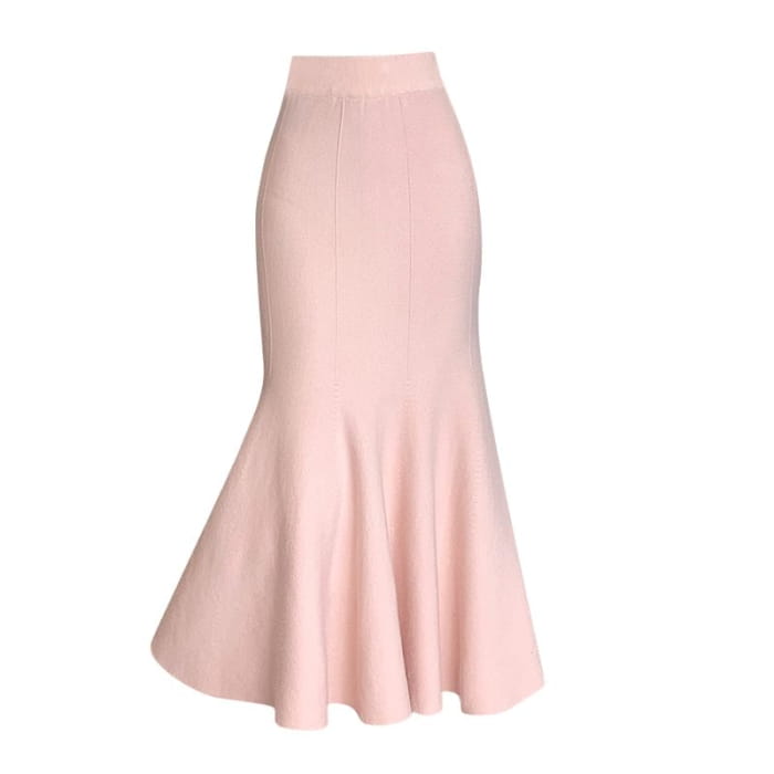 High Rise Plain Knit Midi Fishtail Skirt - mini skirts