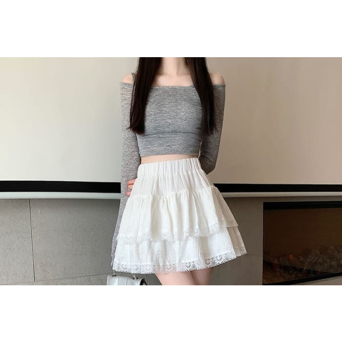 High Rise Plain Lace Trim Layered Mini A-Line Skirt