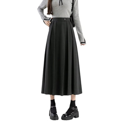 High Rise Plain Pleated Midi A-Line Skirt