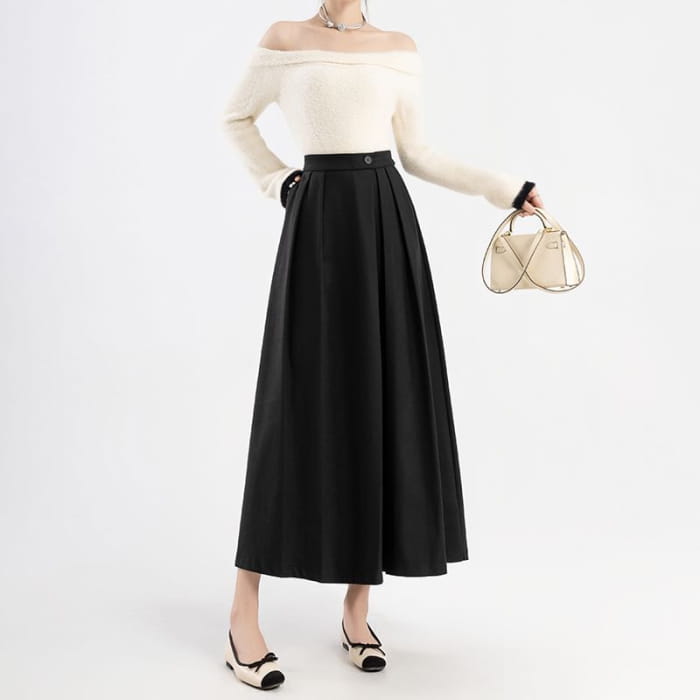 High Rise Plain Pleated Midi A-Line Skirt