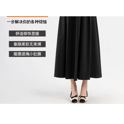 High Rise Plain Pleated Midi A-Line Skirt