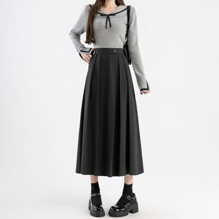 High Rise Plain Pleated Midi A-Line Skirt - Dark Gray / S