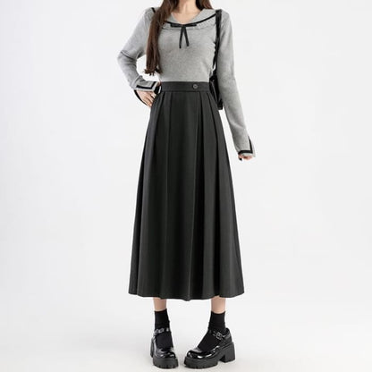 High Rise Plain Pleated Midi A-Line Skirt - Dark Gray / S