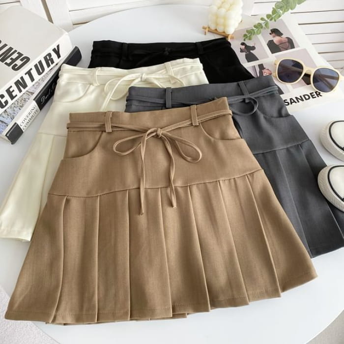 High Rise Plain Pleated Mini A-Line Skirt