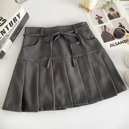 High Rise Plain Pleated Mini A-Line Skirt - Dark Gray / S