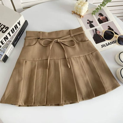 High Rise Plain Pleated Mini A-Line Skirt - Khaki / S