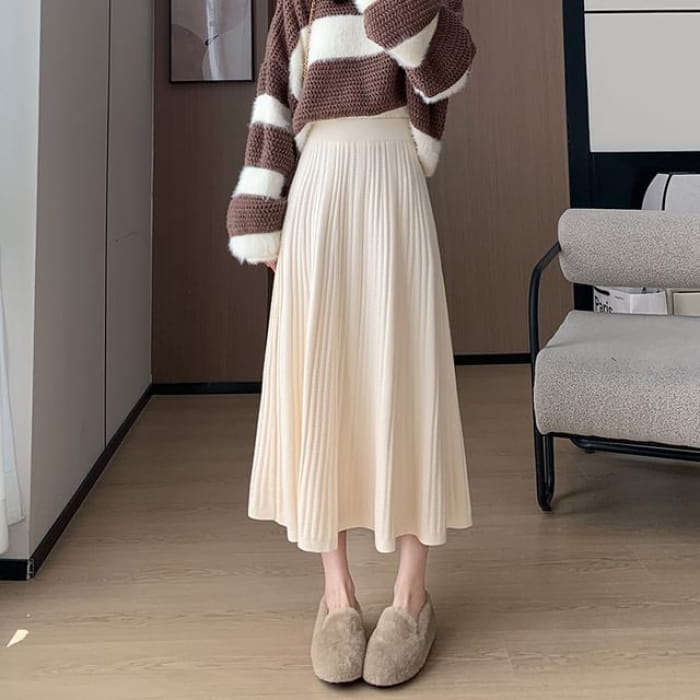 High Rise Plain Ribbed Knit Midi A-Line Skirt - Almond