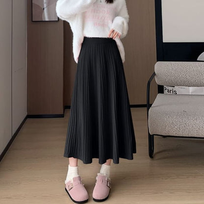 High Rise Plain Ribbed Knit Midi A-Line Skirt - Black