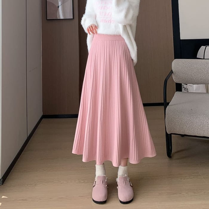 High Rise Plain Ribbed Knit Midi A-Line Skirt - mini skirts