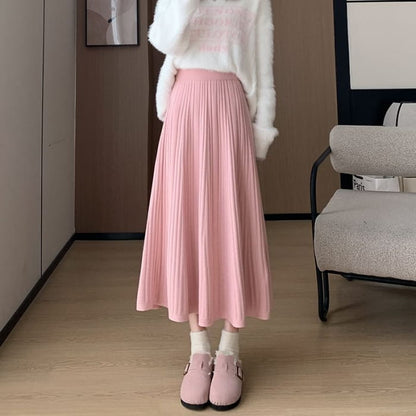 High Rise Plain Ribbed Knit Midi A-Line Skirt - mini skirts