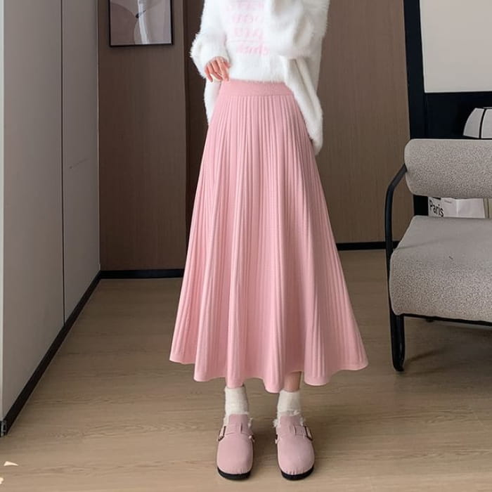 High Rise Plain Ribbed Knit Midi A-Line Skirt - Pink